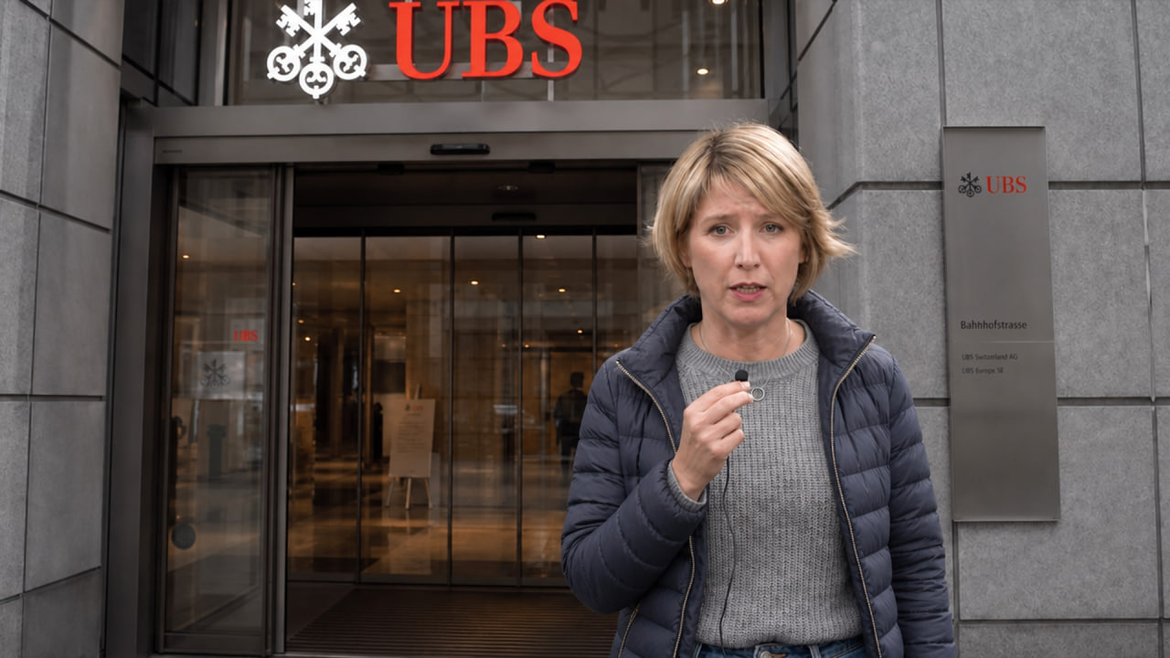 Valérie Demierre-Bueler devant la succursale au centre de Genève où les prises de vue cachées ont été réalisées. (Photo : À Bon Entendeur / RTS)