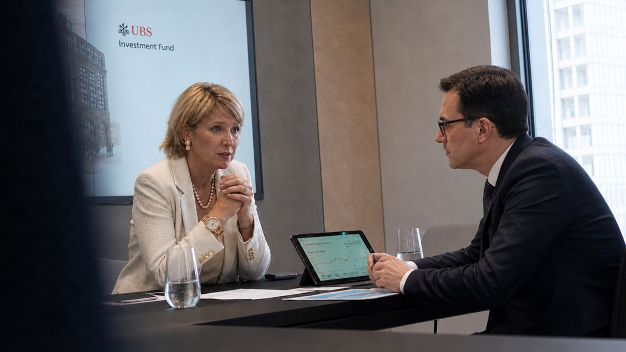 Deuxième visite, une semaine plus tard : tailleur, bijoux, traitement de riche. Même conseiller, autre discours. (Photo : À Bon Entendeur / RTS)